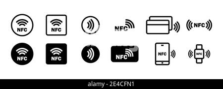 Set di icone NFC. Pagamento wireless. Icona della società senza contactless. Vettore su sfondo bianco isolato. EPS 10 Illustrazione Vettoriale