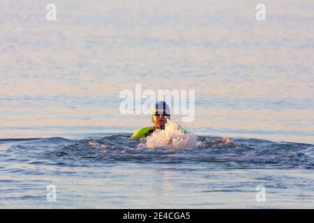 Man 50 Plus FIT, con una muta in mare. Triathlon formazione domani nel Mar Baltico. Nuoto, pratica il giro. Foto Stock