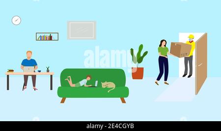Uomo di consegna con maschera che porta un cartone. Famiglia che riceve un pacchetto o una scatola di beni in casa durante il coronavirus. Vettore e illustrazione Illustrazione Vettoriale