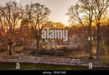 Germania, Turingia, Ilmenau, Gehren, rovina, alberi, alba, retroilluminazione Foto Stock