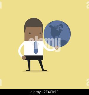 L'uomo d'affari africano tiene il globo in mano. Illustrazione Vettoriale