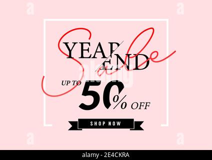 Poster o volantino di fine anno. Offerta di fine anno fino al 50% di sconto su sfondo rosa. Illustrazione Vettoriale