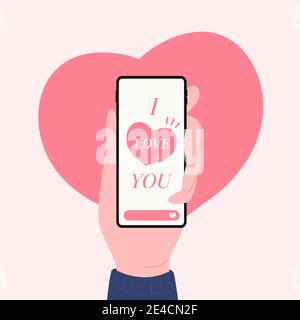Telefono portatile con i messaggi di i love you, felice concetto di design giorno di San Valentino. Illustrazione Vettoriale