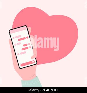 Tenere il telefono con la mano con la comunicazione Love Chat. Buon San Valentino con spazio copia per messaggio d'amore. Illustrazione Vettoriale