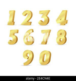 Set di numeri oro 3D. Numeri di metallo vettoriali. Illustrazione Vettoriale