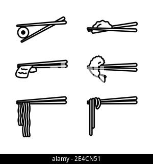 Bastoncini di pollo con set di icone del cibo. Bastoncini di legno con sushi, Ramen, Noodle, Shrimp Tempura, manzo a fette, Dumpling isolato su sfondo bianco. Illustrazione Vettoriale