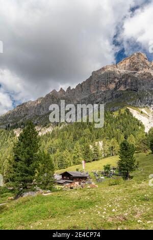 Tiers, Tierser tal, Provincia di Bolzano, Dolomiti, Alto Adige, Italia. L'Haniger Schwaige Foto Stock