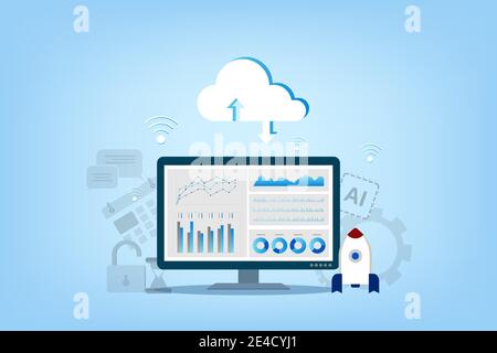 Tecnologia di cloud computing con icone cloud e vettore di dispositivi digitali illustrazione Illustrazione Vettoriale