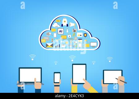 Tecnologia di cloud computing con icone e dispositivi su sfondo blu illustrazione vettoriale Illustrazione Vettoriale