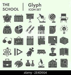 Insieme di icone solide per istruzione e scuola, insieme di simboli di studio o schizzi vettoriali. I segni di conoscenza impostati per il Web del calcolatore, lo stile del pittogramma del glyph Illustrazione Vettoriale