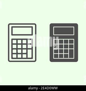 Linea della calcolatrice e icona continua. Attrezzature per la scuola matematica per calcolare il pittogramma di stile di contorno su sfondo bianco. Segni di istruzione e di studio per Illustrazione Vettoriale