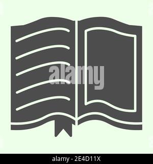 Apri l'icona libro a tinta unita. Scuola studiando libro di testo con testo e pittogramma di stile glifo di cornice su sfondo bianco. Segnali di formazione e conoscenza per i dispositivi mobili Illustrazione Vettoriale