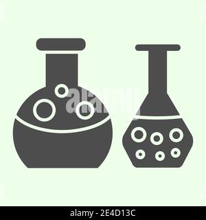 Icona provette piene. Apparecchiatura per matracci da laboratorio con pittogramma a glifo di liquidi su sfondo bianco. La chimica della scuola e i segni di istruzione per Illustrazione Vettoriale