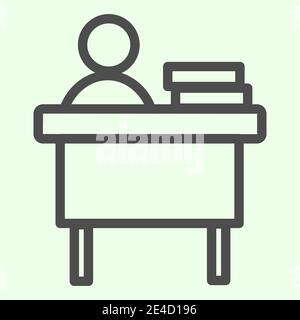 Icona della linea Office Workplace. Uomo d'affari che lavora alla scrivania con pittogramma a forma di libro su sfondo bianco. Segnali di lavoro e di lavoro per il concetto mobile Illustrazione Vettoriale