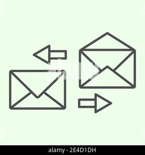 Icona della linea sottile della corrispondenza. Pittogramma di stile del contorno di scambio della posta su sfondo bianco. Invia e ricevi una busta di lettere aziendali con le frecce per Illustrazione Vettoriale