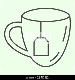 Icona della linea sottile per la pausa pranzo. Tazza di tè con un pittogramma a forma di sacchetto di tè su sfondo bianco. Pranzo di affari per il concetto mobile e il disegno di fotoricettore Illustrazione Vettoriale