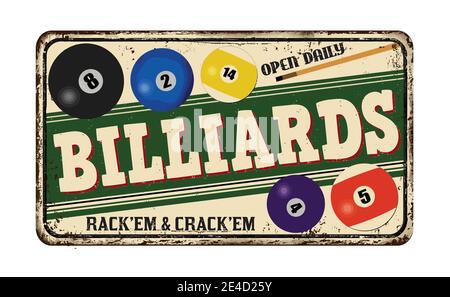 Biliardo vintage arrugginito segno di metallo su uno sfondo bianco, illustrazione vettoriale Illustrazione Vettoriale