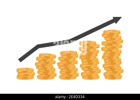 immagine della barra della moneta d'oro con grafico e freccia sullo sfondo. EPS10 Illustrazione Vettoriale