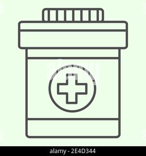 Icona della linea sottile del flacone di farmaco. Bottiglia con croce per pillole o vitamine contorno stile pittogramma su sfondo bianco. Segni di chimica e medicina per Illustrazione Vettoriale