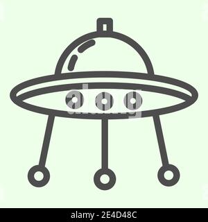 Icona linea astronave aliena. Pittogramma a forma di contorno della navicella spaziale o della piastra ufo su sfondo bianco. Segni spaziali e astronomici per il concetto mobile e. Illustrazione Vettoriale