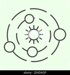 Icona a linea sottile del sistema solare. Universo con pianeti e simbolo del sole in stile contorno centrale pittogramma su sfondo bianco. Astrologia e segni del cosmo Illustrazione Vettoriale