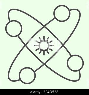 Icona a linea sottile del sistema solare. Universo con pianeti e simbolo del sole in stile contorno centrale pittogramma su sfondo bianco. Astrologia e segni del cosmo Illustrazione Vettoriale
