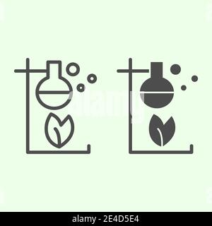 Linea di reazione biologica e icona solida. Ambientale laboratorio chimico esperienza bottiglia eco contorno stile pittogramma su sfondo bianco. Segni biologici per Illustrazione Vettoriale