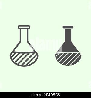 Linea chimica e icona continua. In vetro per matracci da laboratorio con pittogramma a profilo liquido su sfondo bianco. Segni scientifici e biologici per dispositivi mobili Illustrazione Vettoriale