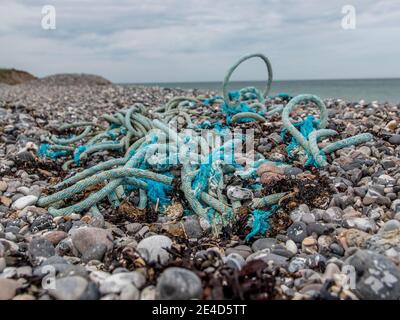 Alcuni vecchi cavi blu si trovano sulla spiaggia, i detriti di corda si trovano tra le pietre sulla spiaggia,. Foto Stock