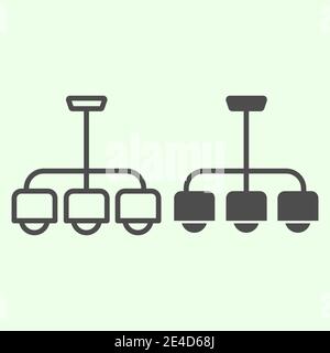 Linea del lampadario e icona a forma di solido. Simbolo della lampada retrò a sospensione, pittogramma a forma di contorno su sfondo bianco. Segno vettore per appartamento o casa Illustrazione Vettoriale