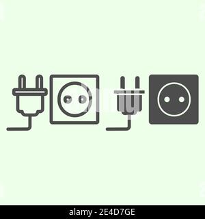 Connettore femmina con linea di collegamento e icona continua. Cavo scollegato dal simbolo della presa jack, pittogramma a forma di contorno su sfondo bianco. Simbolo vettore riparazione a casa Illustrazione Vettoriale