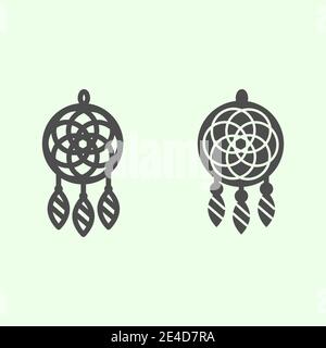 Linea Dreamcatcher e icona continua. Magic Dream catcher ornamento etnico contorno stile pittogramma su sfondo bianco. Talismano indiano di protezione tribale Illustrazione Vettoriale