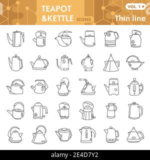 Teapots set di icone a linea sottile, raccolta di simboli di bollitori o schizzi. Cartelli per caffettiera per confezione di pittogrammi lineari a nastro, isolati su bianco Illustrazione Vettoriale