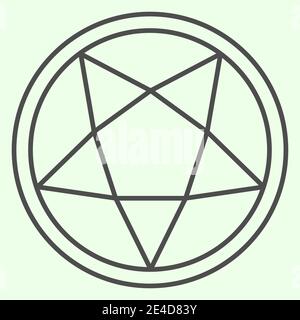 Icona a linea sottile Pentagram. Mistico gotico cinque stelle appuntite in cerchio contorno stile pittogramma su sfondo bianco. Pentacolo della cerimonia delle streghe occulte per Illustrazione Vettoriale