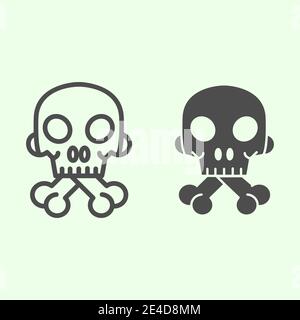 Linea di cranio di Halloween e icona continua. Testa della morte spooky umana con pittogramma a forma di ossa su sfondo bianco. Stregoneria e segni magici per Illustrazione Vettoriale