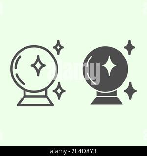 Linea della sfera magica e icona continua. Witch cristallo fortuna sfera contorno stile pittogramma su sfondo bianco. Halloween o Witchcraft e segni magici per Illustrazione Vettoriale