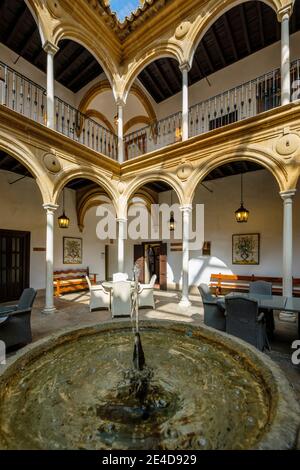 Cortile del Palazzo Dean Ortega, Parador del Turismo Nazionale in Piazza Vazquez de Molina, Ubeda, Sito Patrimonio dell'Umanità dell'UNESCO. Provincia di Jaen, Andalusia, Sud Foto Stock