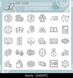 Set di icone della linea di criptovaluta, raccolta di simboli bitcoin, schizzi vettoriali, illustrazioni di logo, pacchetti di pittogrammi lineari money signs isolati su bianco Illustrazione Vettoriale