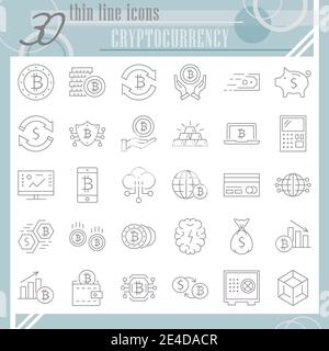 Set di icone a linea sottile Cryptoccurency, raccolta di simboli bitcoin, schizzi vettoriali, illustrazioni di logo, pacchetti di pittogrammi lineari money signs isolati su Illustrazione Vettoriale