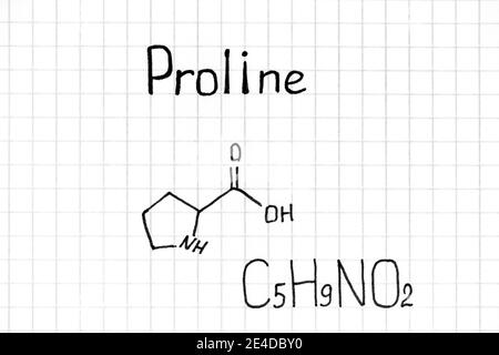Scrittura a mano Formula chimica di Proline. Primo piano. Foto Stock