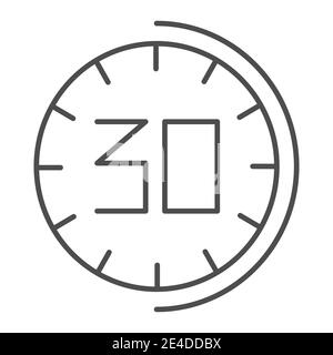 icona a linea sottile di controllo per 30 minuti. Illustrazione del vettore temporale di Thirhty secondi isolata su bianco. Mezz'ora orologio design in stile outline, progettato per il web Illustrazione Vettoriale