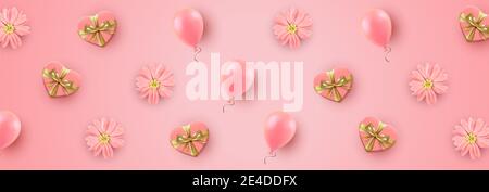 Banner di auguri per San Valentino con scatole regalo a forma di cuore, fiori rosa e palloncini Foto Stock