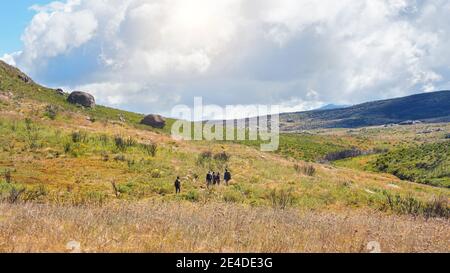 Gruppo di escursionisti che attraversano una valle illuminata dal sole durante la discesa dal pic Boby nel parco nazionale di Andringitra. Vista da dietro, nessuna persona ricoginizzabile Foto Stock