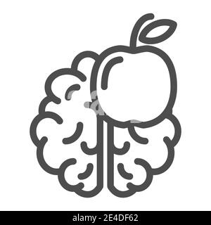 Icona della riga conoscenza. Immagine vettoriale di cervello e mela isolata su bianco. Pensate al design in stile outline, progettato per il Web e le applicazioni. EPS 10 Illustrazione Vettoriale