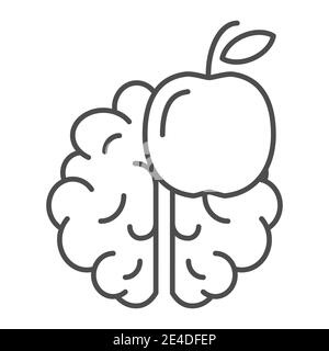 Icona della linea sottile conoscenza. Immagine vettoriale di cervello e mela isolata su bianco. Pensate al design in stile outline, progettato per il Web e le applicazioni. EPS 10. Illustrazione Vettoriale