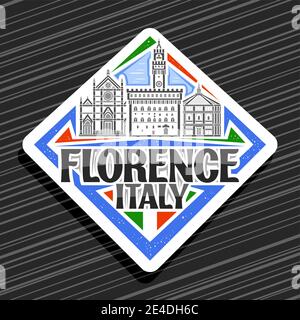 Logo vettoriale per Firenze, segnaletica stradale in rombus bianco con contorno del paesaggio urbano di firenze sullo sfondo del cielo del giorno, magnete decorativo per frigo Illustrazione Vettoriale
