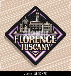 Logo vettoriale per Firenze, cartello nero su rombus con profilo raffigurante il paesaggio della città di firenze sullo sfondo del cielo crepuscolo, magnete decorativo per frigo wi Illustrazione Vettoriale