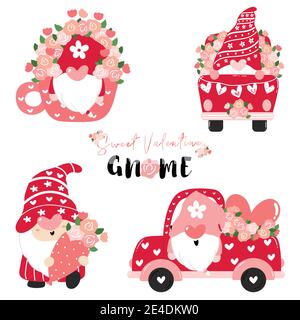 Dolce San Valentino Gnome in rosa con collezione di fiori, cartoon San Valentino vettore piatto, set di pezzi valentine. Illustrazione Vettoriale
