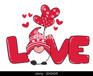 San Valentino Gnome con lettera D'AMORE e palloncino cuore, rosso valentine gnome cartoon vettore doodle Illustrazione Vettoriale