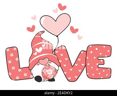 San Valentino Gnome con lettera D'AMORE e palloncino cuore, rosa valentine gnome cartoon vettore doodle Illustrazione Vettoriale